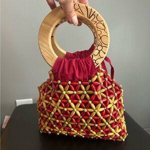 A. Giannetti Handcrafted Red and Yellow Beaded Mini Tote Bag with Wood Handles